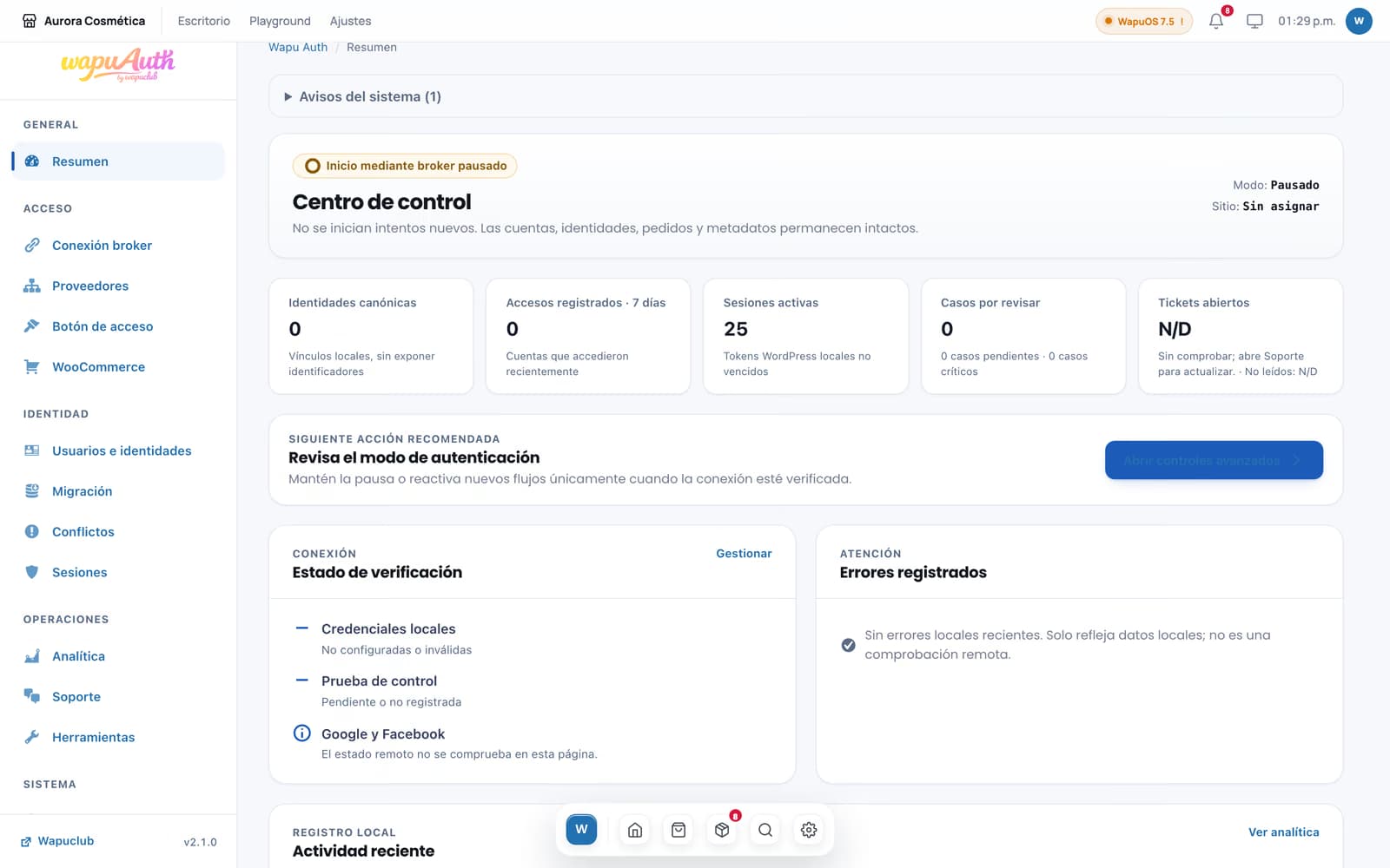 Centro de control de Wapu Auth con el estado de la conexión.