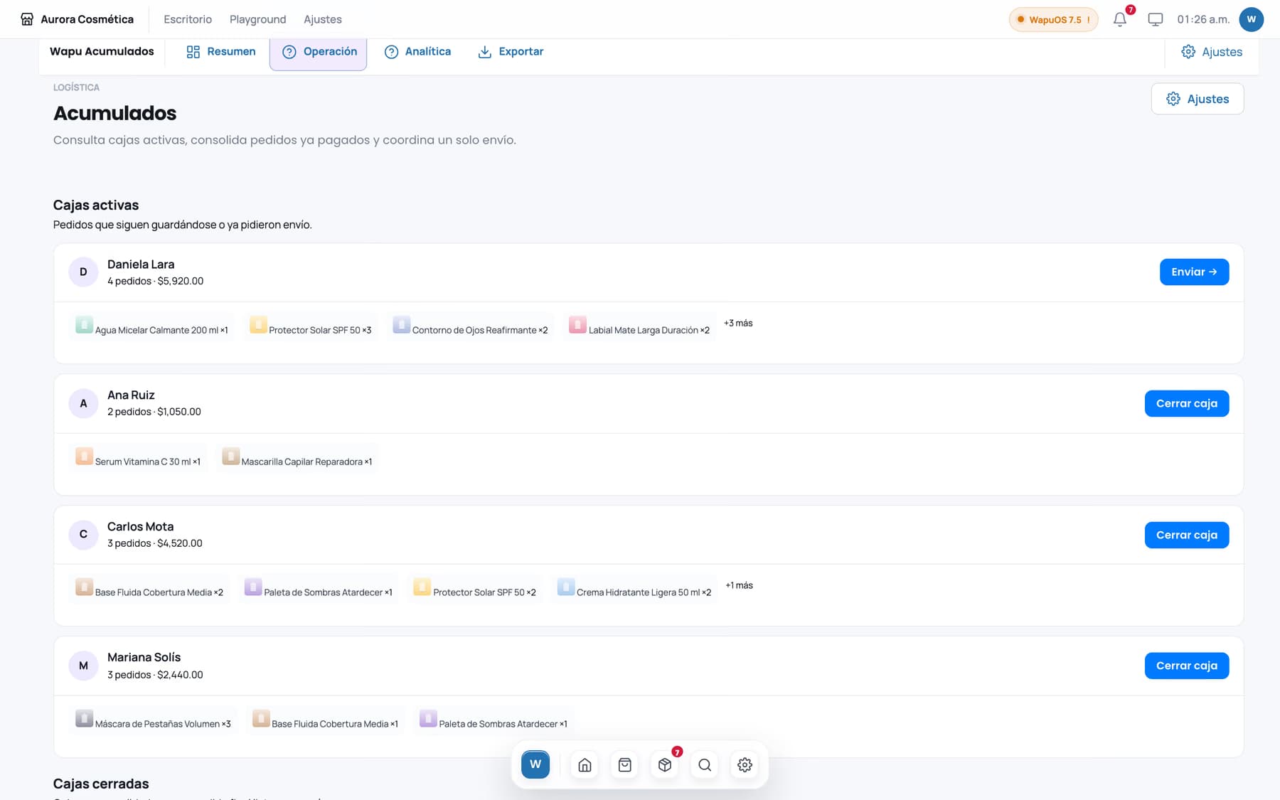 Panel de Wapu Acumulados con las cajas activas de varias clientas.