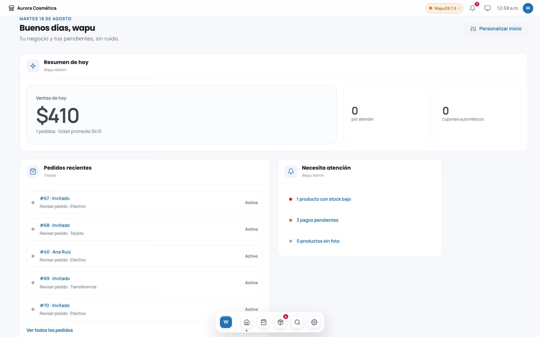 Tablero de Wapu Admin con el resumen del día y los pedidos recientes.