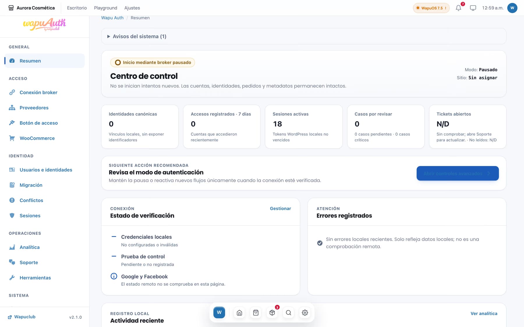 Centro de control de Wapu Auth con el estado de la conexión.