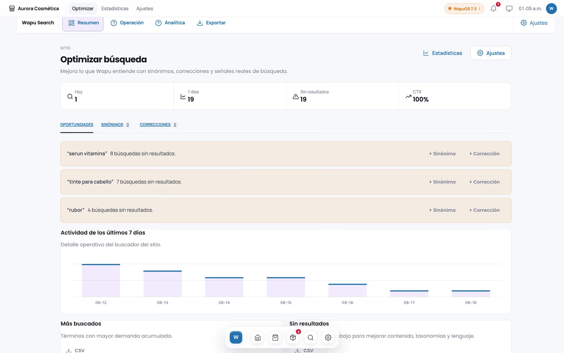 Panel de Wapu Search con las búsquedas sin resultados y sus oportunidades de sinónimo o corrección.