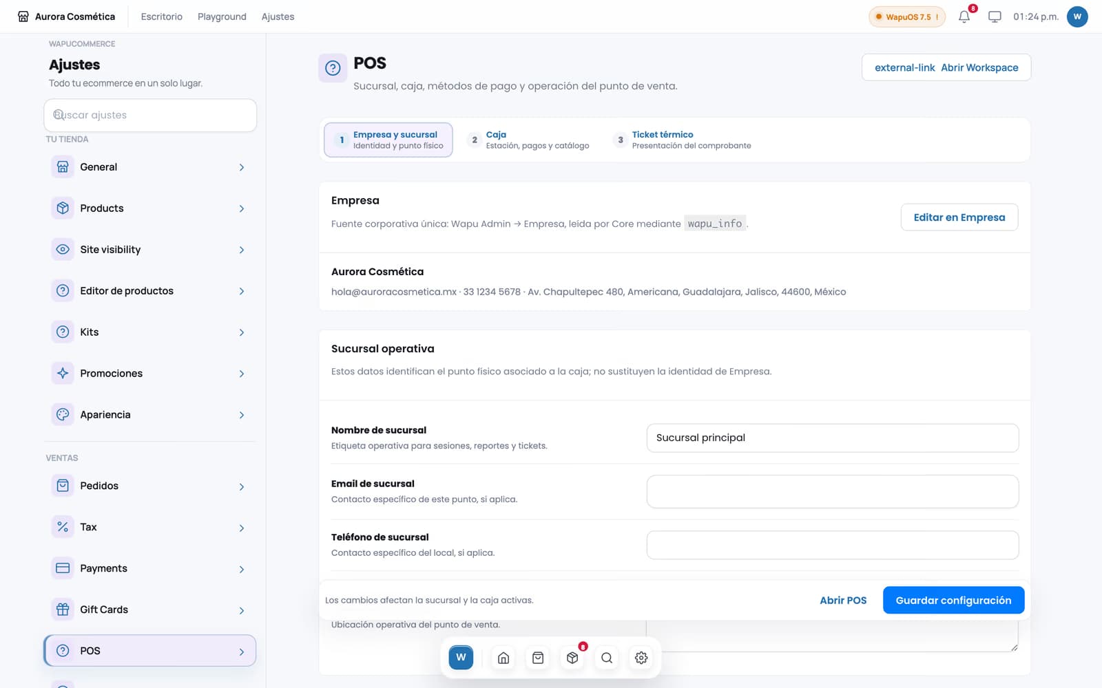 Ajustes de Wapu POS dentro del panel de WapuCommerce.