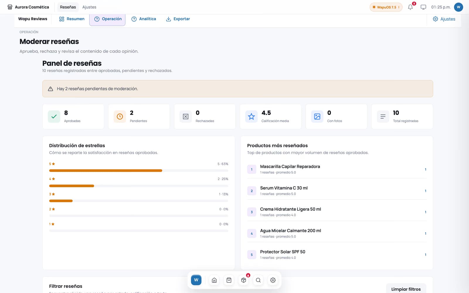 Panel de moderación de Wapu Reviews con métricas y distribución de estrellas.