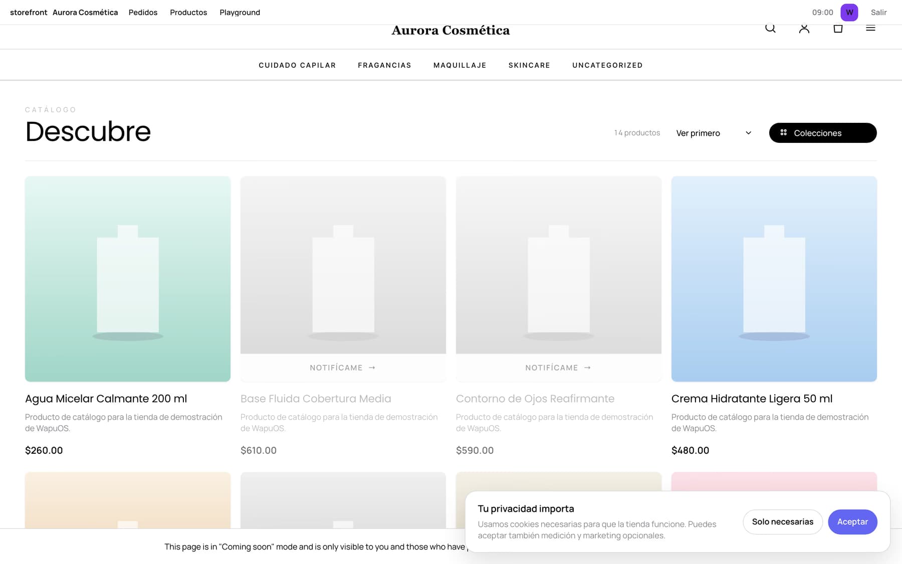 Catálogo de una tienda WapuOS con productos, precios y filtros.