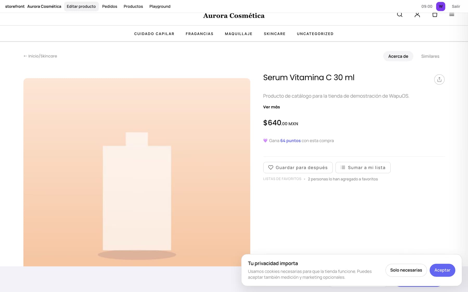 Ficha de producto de una tienda WapuOS con la opción de guardarlo en una lista.