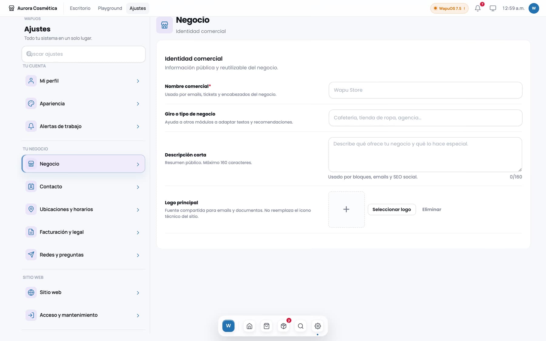 Datos del negocio administrados desde Wapu Core.