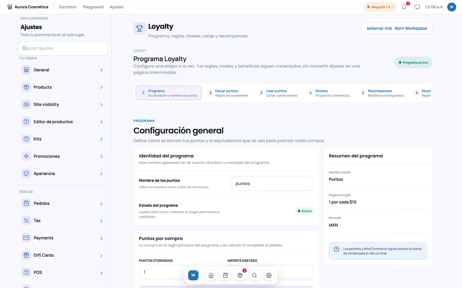 Configuración del programa de puntos de Wapu Loyalty.