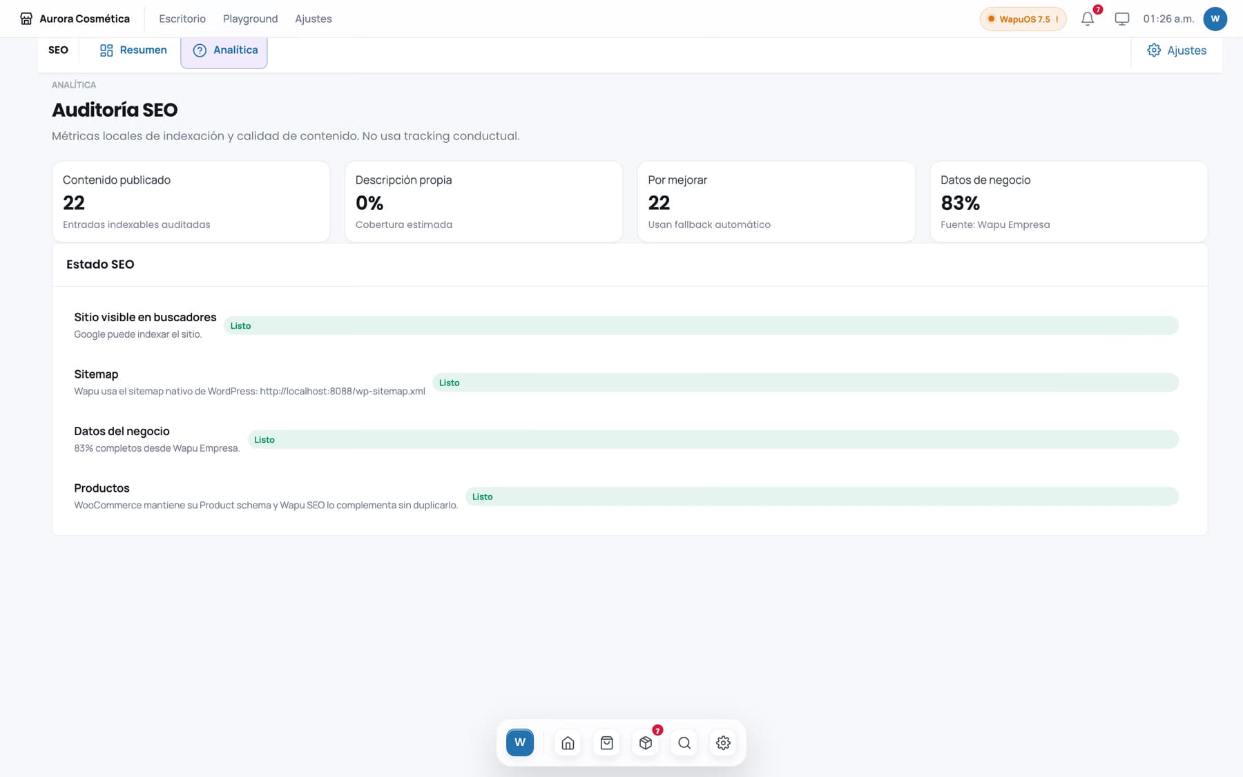 Auditoría SEO de Wapu SEO con el estado de indexación, sitemap, datos del negocio y productos.